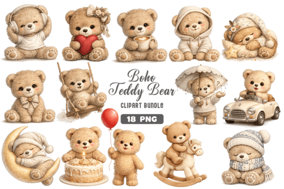 Download Boho Teddy Bear Baby Clipart PNG Bundle - Bundle Collection