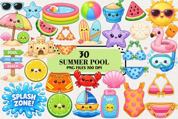 Download Kawaii Summer Pool Party Clipart Bundle - Bundle Collection