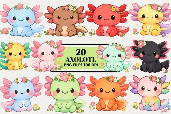 Download Kawaii Axolotl Floral Clipart Bundle - Bundle Collection
