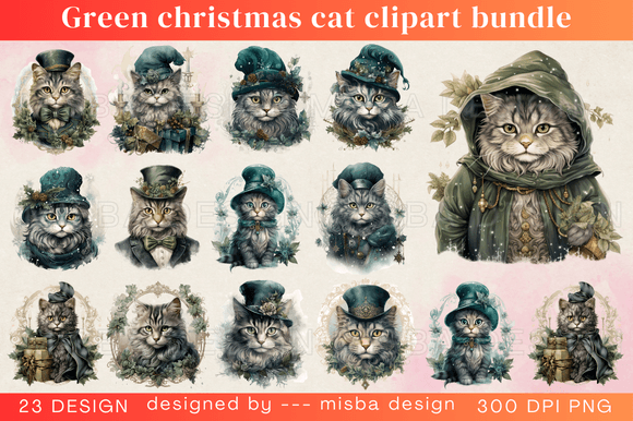 Download Green Christmas Cat Clipart Bundle - Bundle Collection