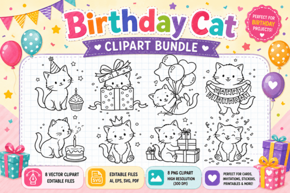 Download Birthday Cat Clipart Bundle - Bundle Collection